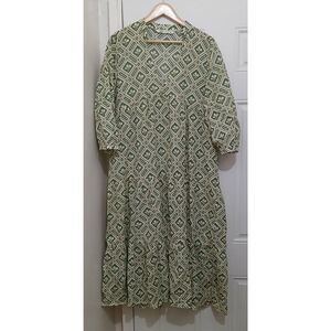Zara womens large tiered maxi dress green cream beach boho flowy peasant